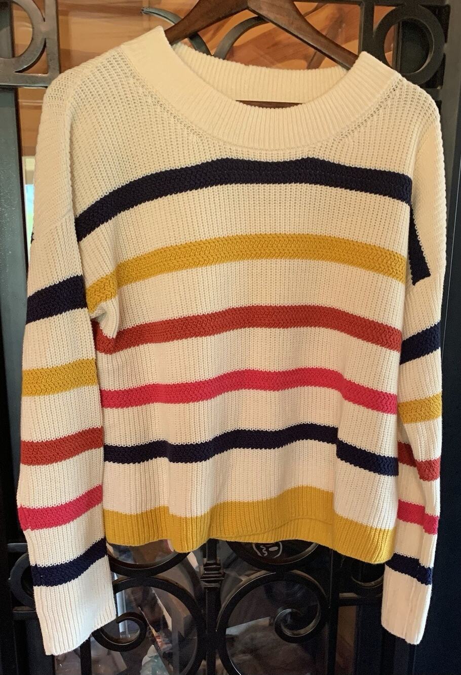 J Crew x The Reeds Twist On Rainbow Stripe Crewneck Knit Sweater Womens L